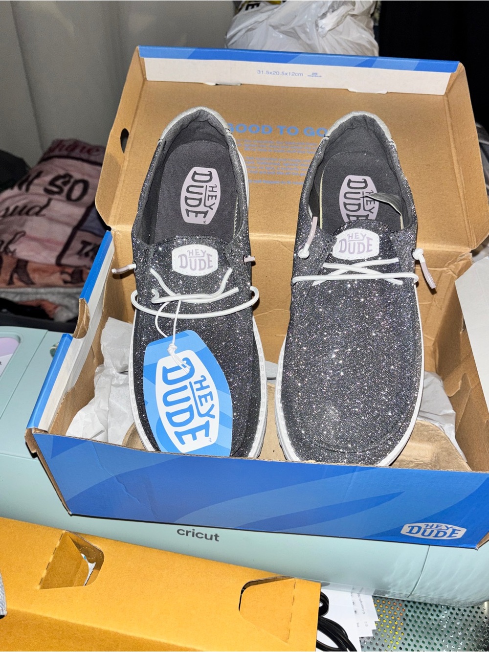 Hey Dude Wally Glitter Slip-On Shoes - Black with White Laces